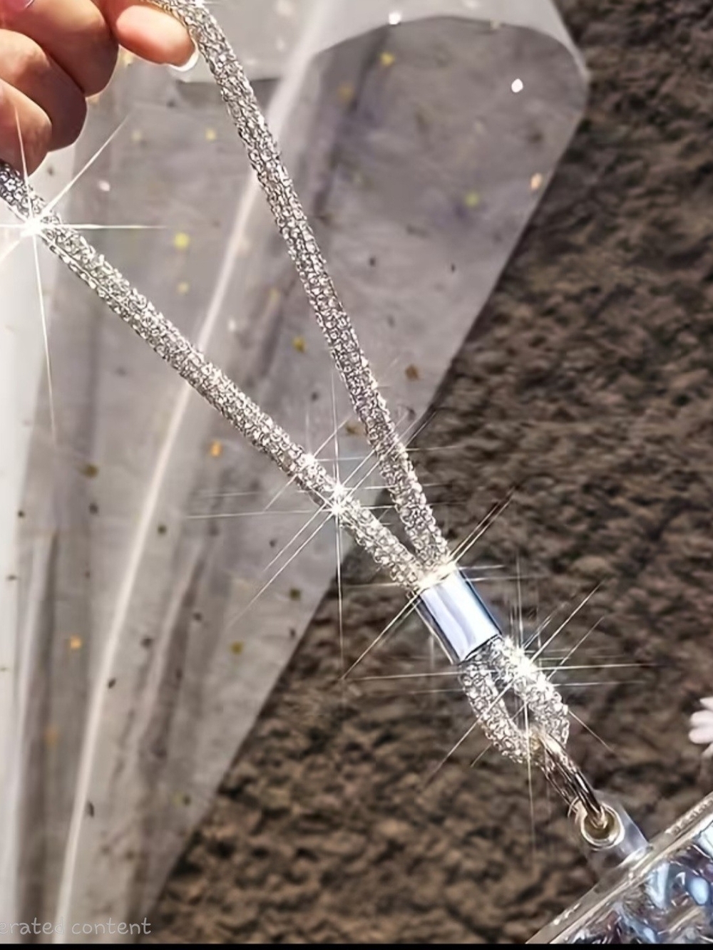 Silver Crystal Lanyard/wristlet with Sparkling Pendant For Cell Phone